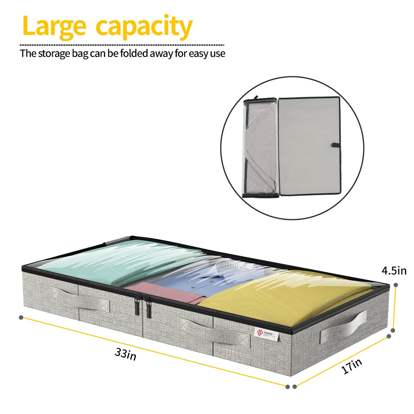 4.5 Inches Under Bed Storage Containers with Sturdy Sidewalls/Bottom and Reinforced Handles，Low Profile Underbed Storage for Clothes,Shoes,Pillows and Blankets with Zips and Clear Windows,4 Pack