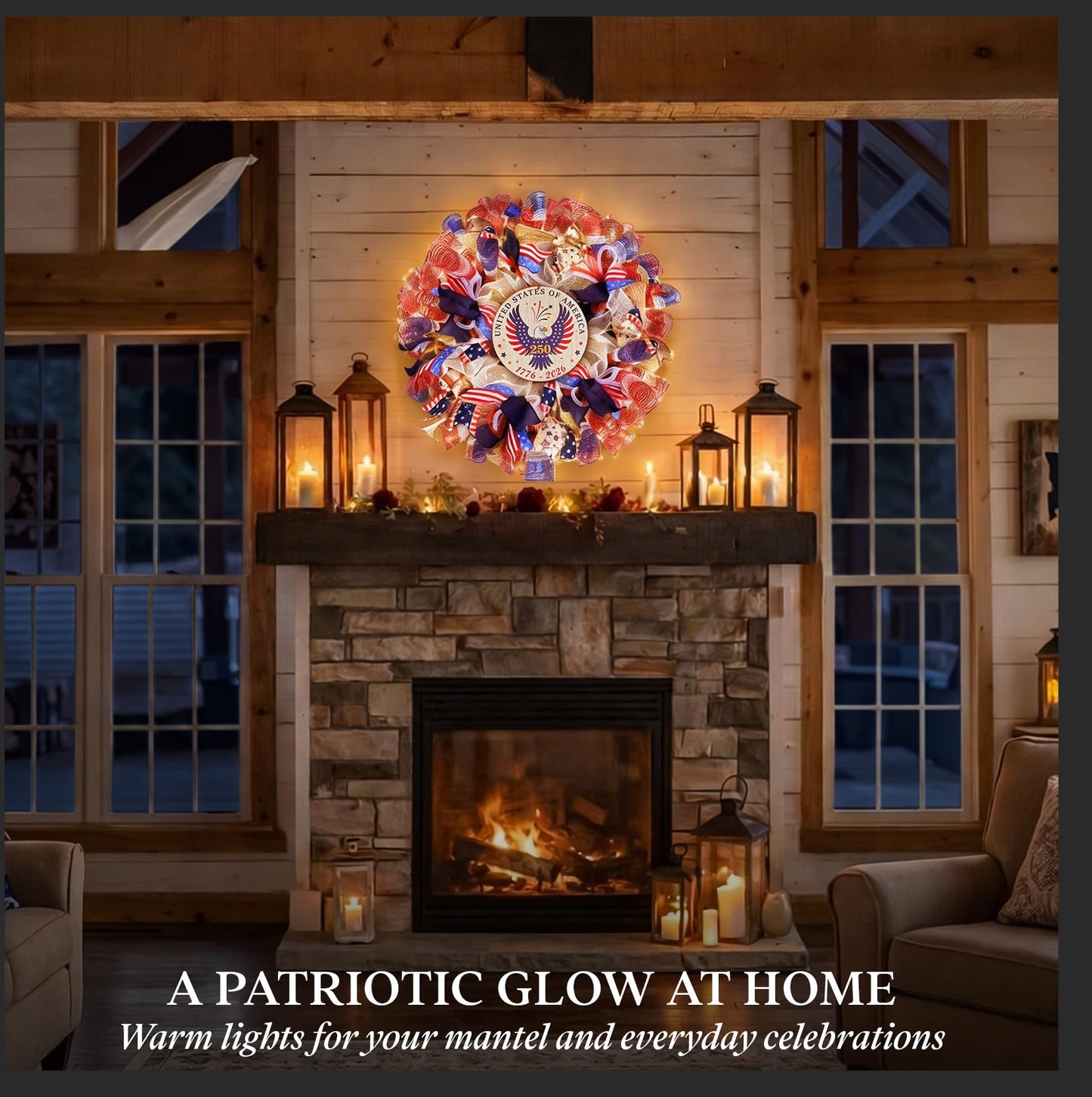 Presentastic 250th Anniversary Patriotic Wreaths for Front Door, 24 Inch Large 4th of July Wreath with Removable 1776-2026 Eagle Door Sign, Handcrafted Memorial Day Decorations with Light &Storage Bag