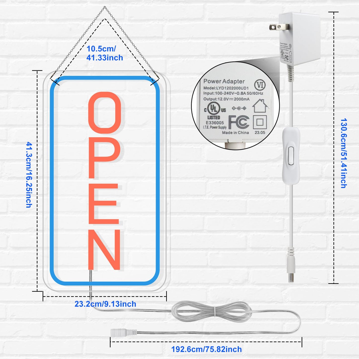 Ultra Bright LED Open Signs for Business, 16’’x 9’’ Neon Open Sign, Vertical Light up Sign with ON/OFF Switch adapter for Window Bars Cafes Hotels Florists Clubs Restaurants Barbershops Supermarkets
