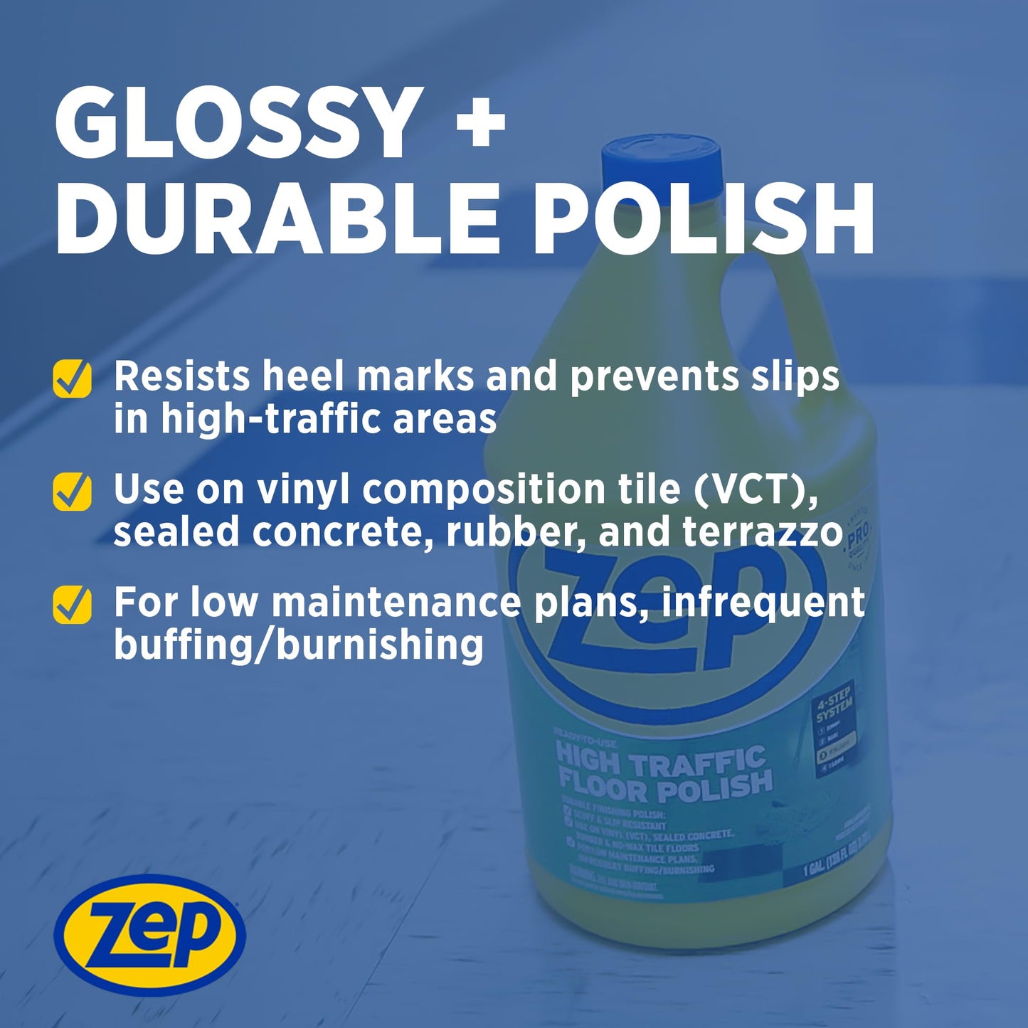 Zep High Traffic Floor Polish - 1 Gal (Case of 2) ECZUHTFF1282- Scuff-Resistant Durable Finish for Vinyl, Concrete, Rubber, Tile, and Terrazzo Floors