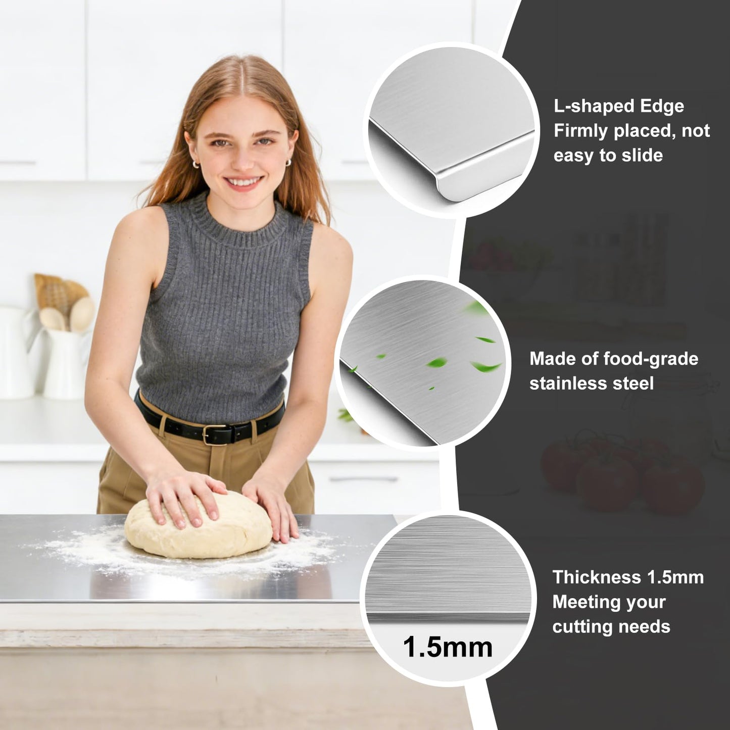 Stainless Steel Cutting Board with Lip, Large Metal Chopping Board with Counter Edge, Dishwasher Safe Non-Slip Pastry Board for Meat Vegetables & Baking(18x14)