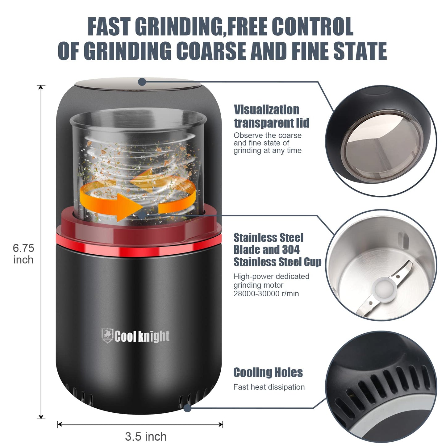 COOL KNIGHT Herb Grinder [large capacity/fast/Electric ]-Spice Herb Coffee Grinder with Pollen Catcher/- 7.5" (Black)
