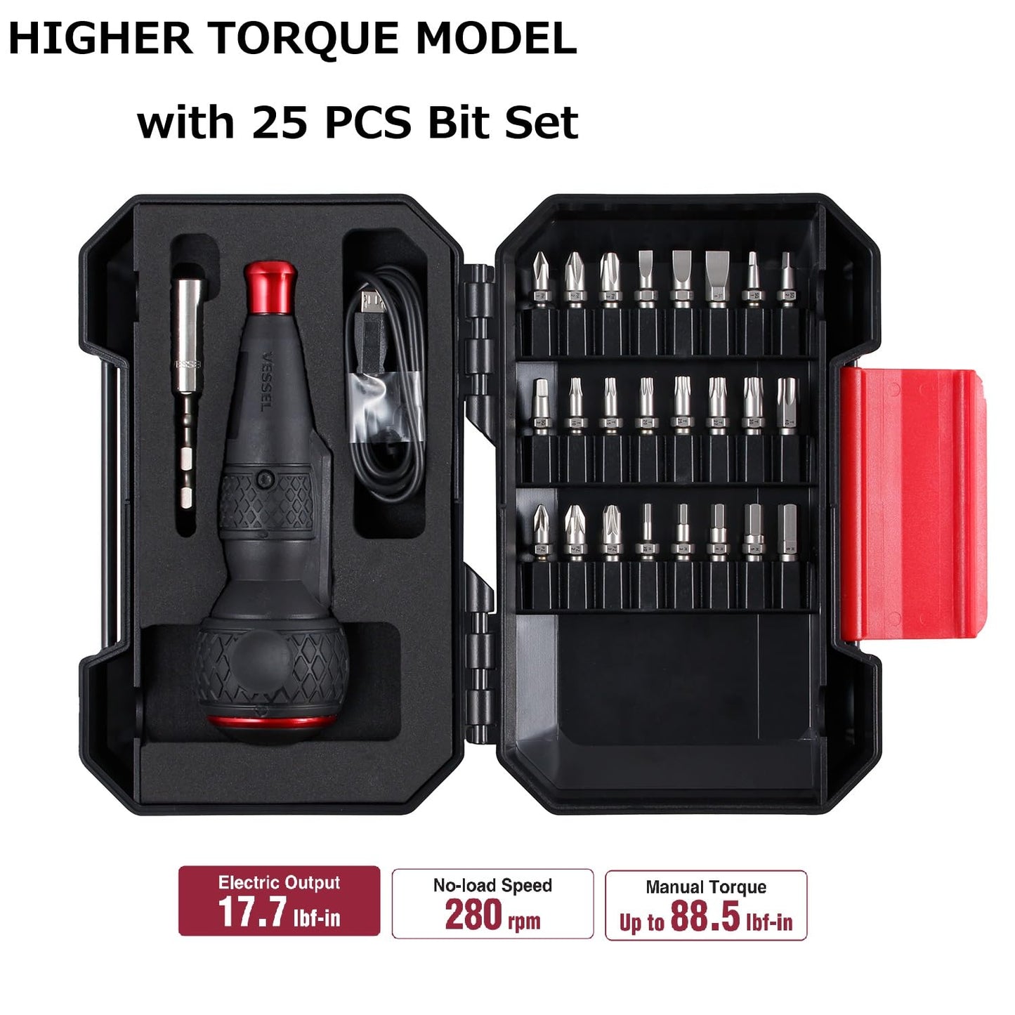 (USA Official) VESSEL e-ASSIST Screwdriver Higher Torque ver. with 25PC. Bit Set