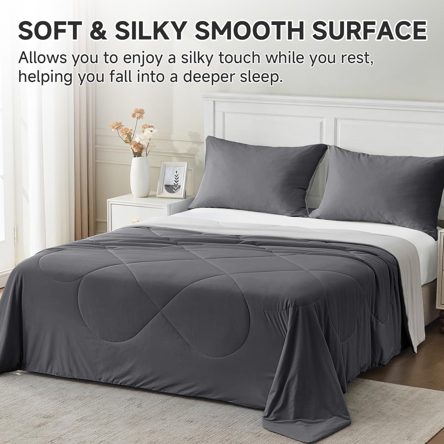 HOMFINE Cooling Comforter Japanese Double-Sided Cold Tech Fabric Cooling Blanket for Night Sweats Hot Sleepers, Q-Max 0.45 Soft Breathable Silky Smooth Lightweight Grey Summer Comforter Queen