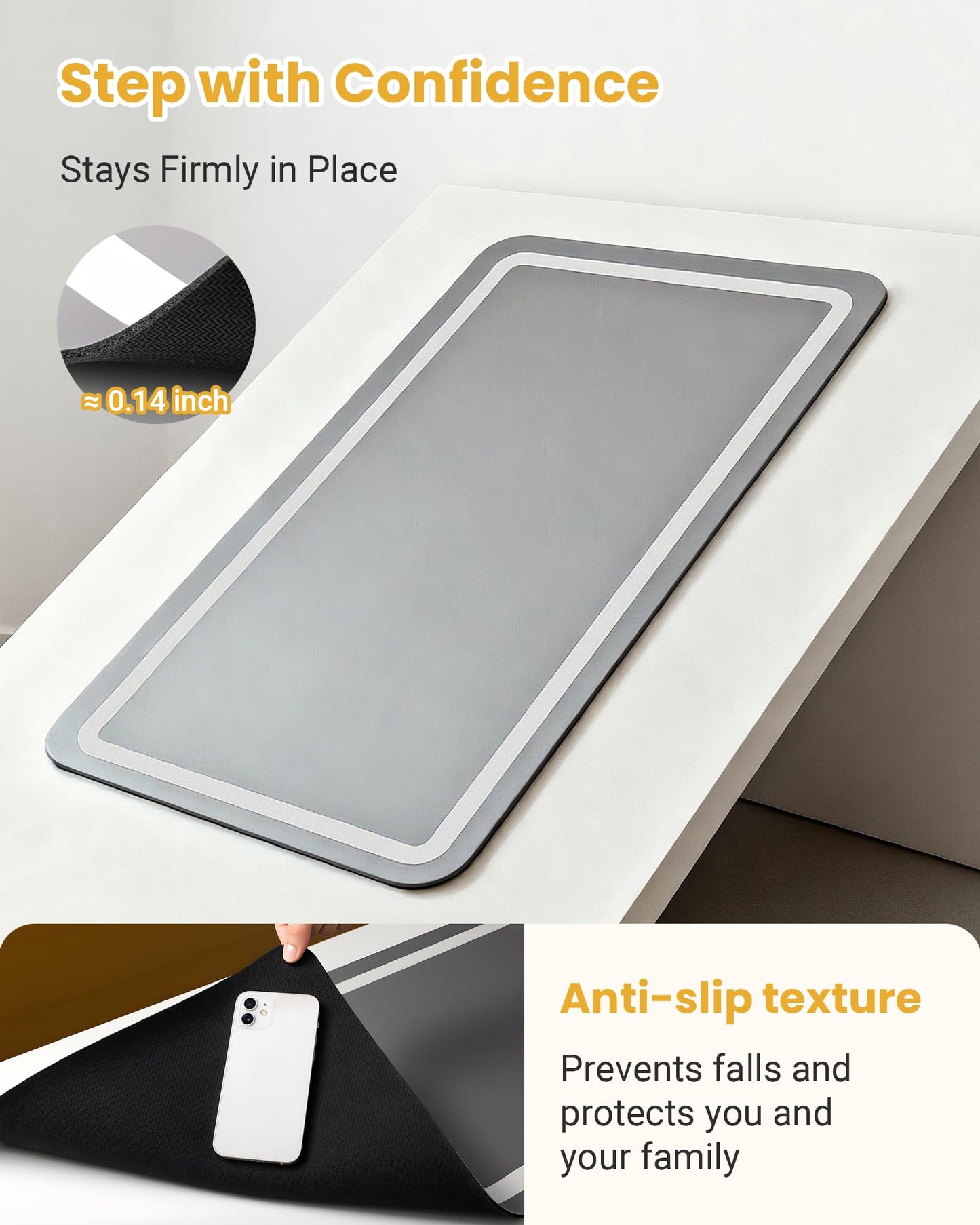 Soft Diatomaceous Earth Bath Mat, Quick Dry Bathroom Mats 2 Piece, Gray Super Absorbent Bath Mat Set, Washable Non Slip Bathroom Rugs, Stone Bath Mats Alternative, 15.74" x 23.62" Plus 15.74" x 47.2"