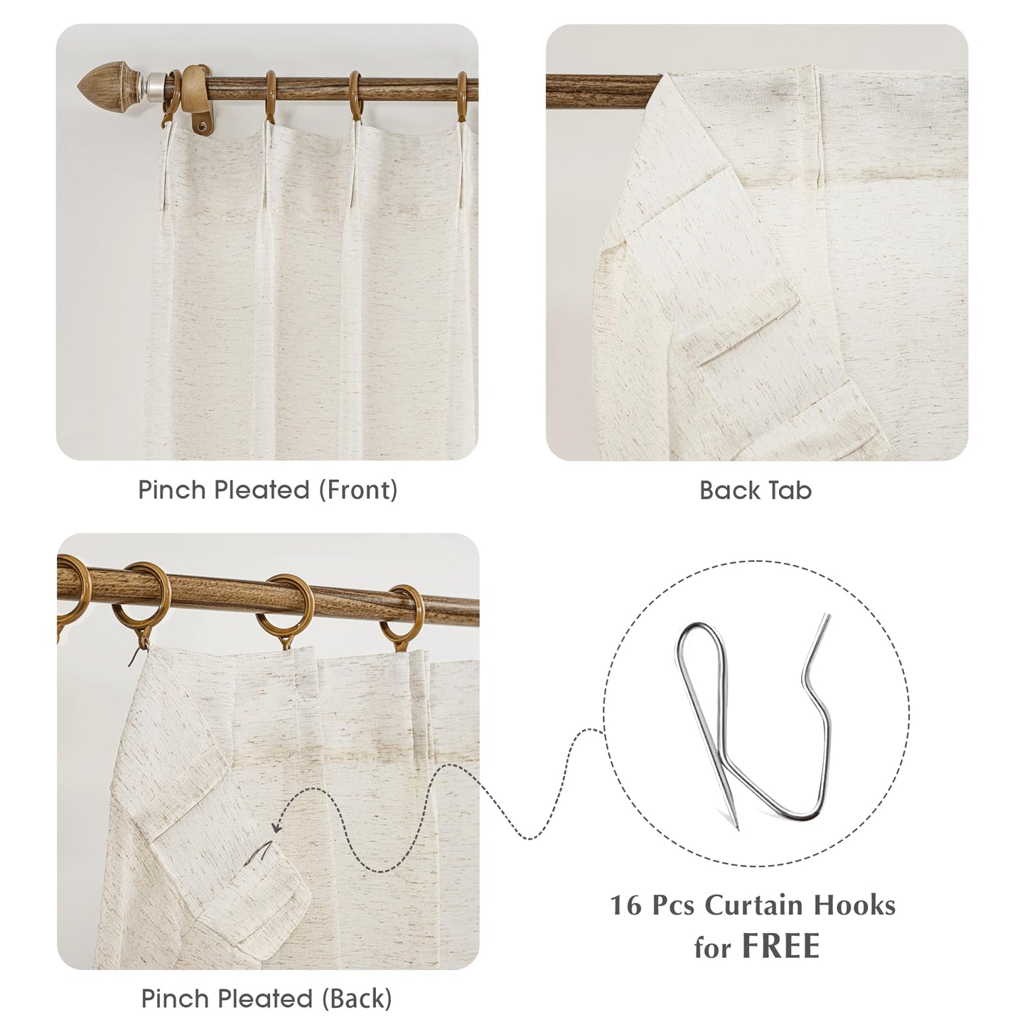 FMFUNCTEX Linen Sheer Pinch Pleated Curtains for Living Room, Linen Flax Beige 96 Inches Long Sheer Curtain Panels for Bedroom, Natural Back Tab Window Drapes for Farmhouse, Rod Pocket 2 Panels