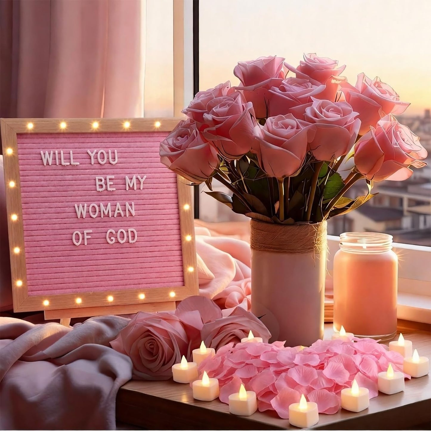 Ceenna Will You Be My Girlfriend Romantic Sign with LED Candles and Artificial Rose Petals, Valentine's Day DIY Felt Letter Wood Board Sign with Lights for Valentine's Day Anniversaries Party(Pink)