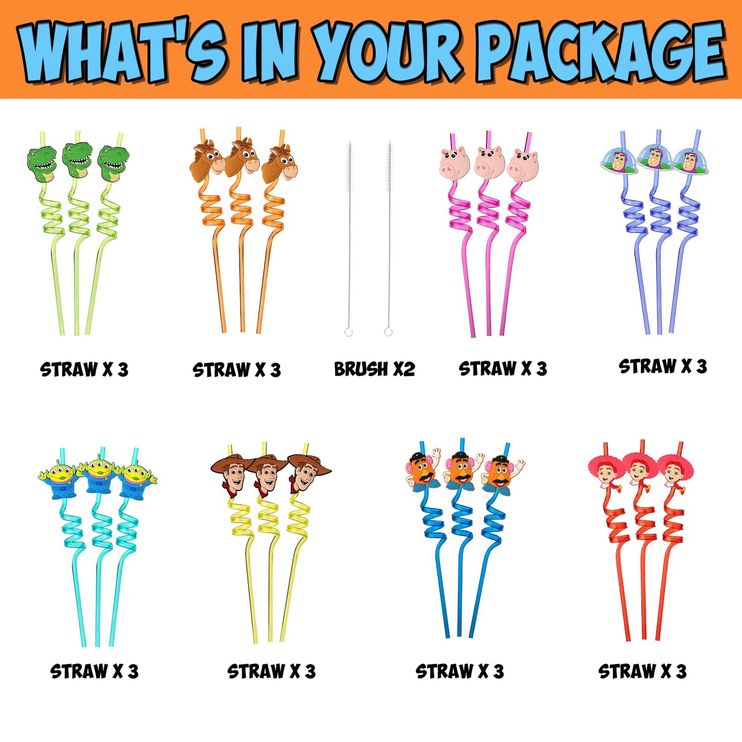 24Pcs Toy Inspired Story Birthday Party Supplies Reusable Drinking Straws,8 Designs Toy Themed Story Party Favors with 2 Cleaning Brushes