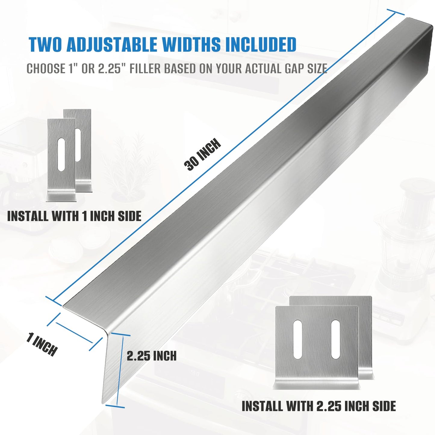 30" Slide-In Range Rear Filler Kit, Stainless Steel Stove Gap Filler Behind Range, Adjustable 1" or 2.25" Backguard Trim Kit, Easy Install Backsplash Gap Cover Compatible with 30" Ranges,Silver