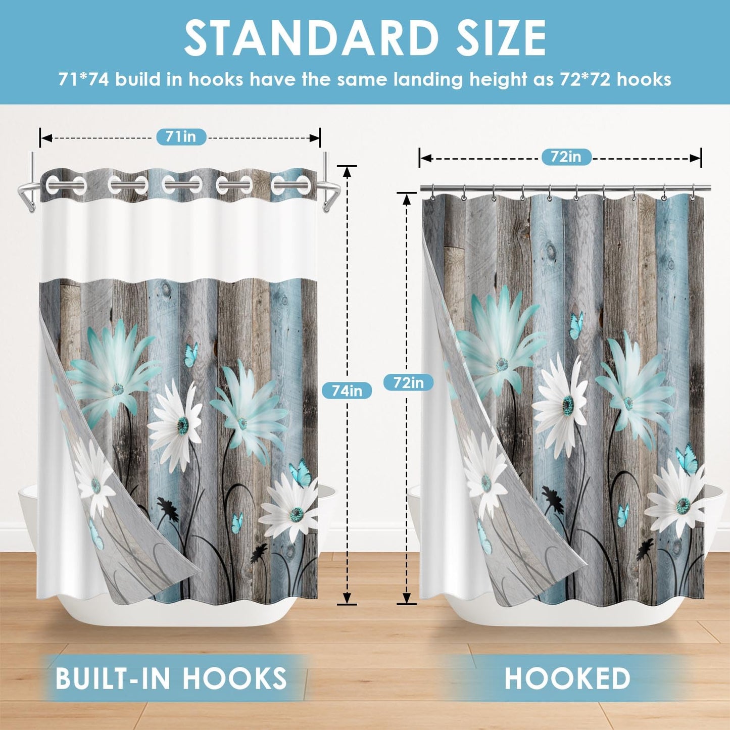 Nesphy No Hook Rustic Farmhouse Shower Curtain with Snap in Fabric Liner Set, Teal Daisy Flowers and Butterfly on Wooden Double Layers Waterproof with See Through Top Bath Curtain 71x74 Inch