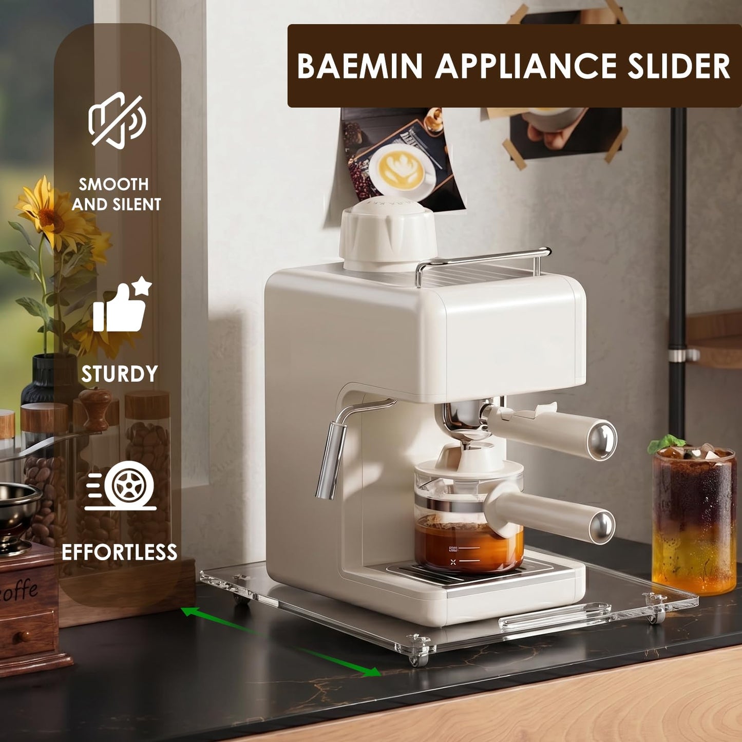 Baemin Acrylic Appliance Slider with Rubber Wheels, Sliding Tray for Heavy Kitchen Appliances, Coffee Maker Slider Tray for Counter, Countertop Moving Tray Accessories for Kitchen - 13" x 14" (Clear)