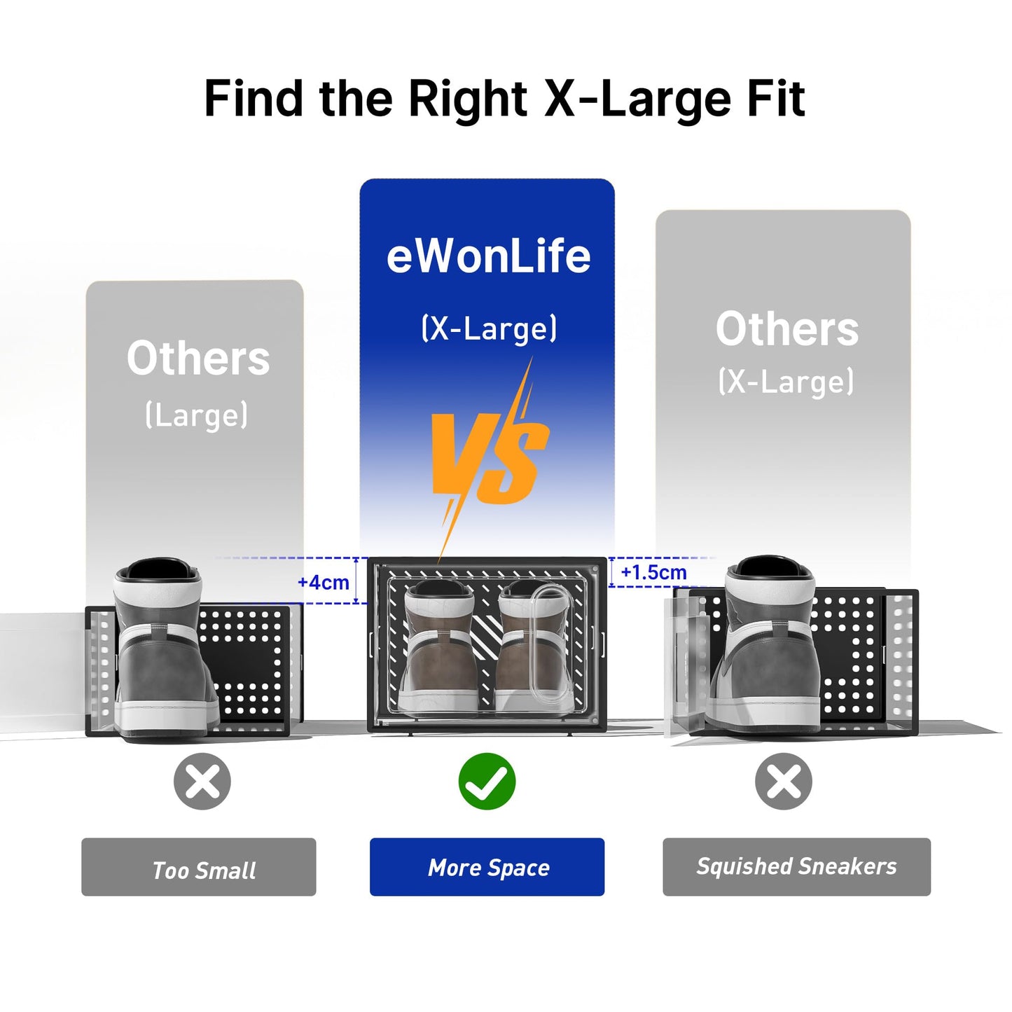 eWonLife X-Large Shoe Boxes with Magnetic Door, 12-Pack Stackable Shoes Storage Organizer for Closet, Clear Plastic Sneaker Container Shoe Rack for Size 12, Black