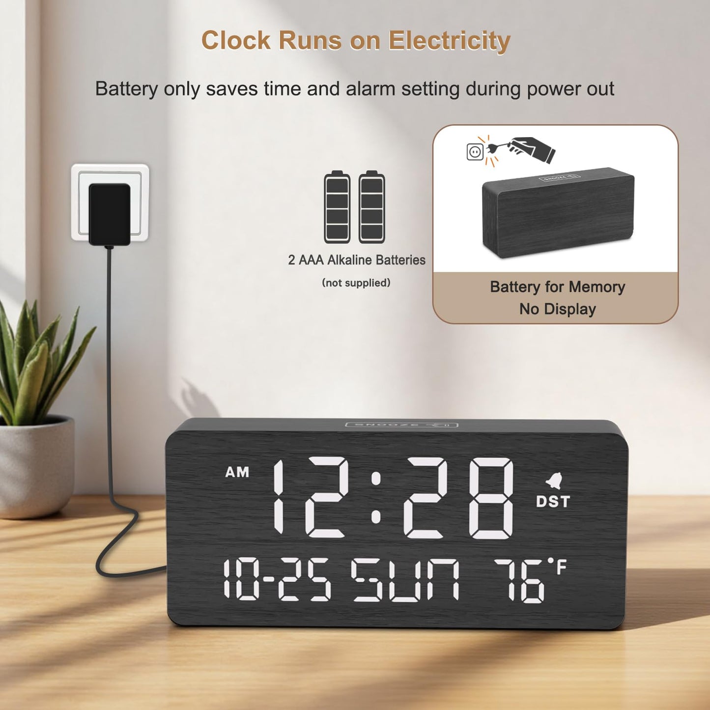DreamSky Wooden Digital Alarm Clocks for Bedrooms - Living Room Desk Clock with Date and Day of Week, Temperature, USB Port, Dimmer Wheel, Adjustable Volume, Auto DST, Wood Decor for Office Table