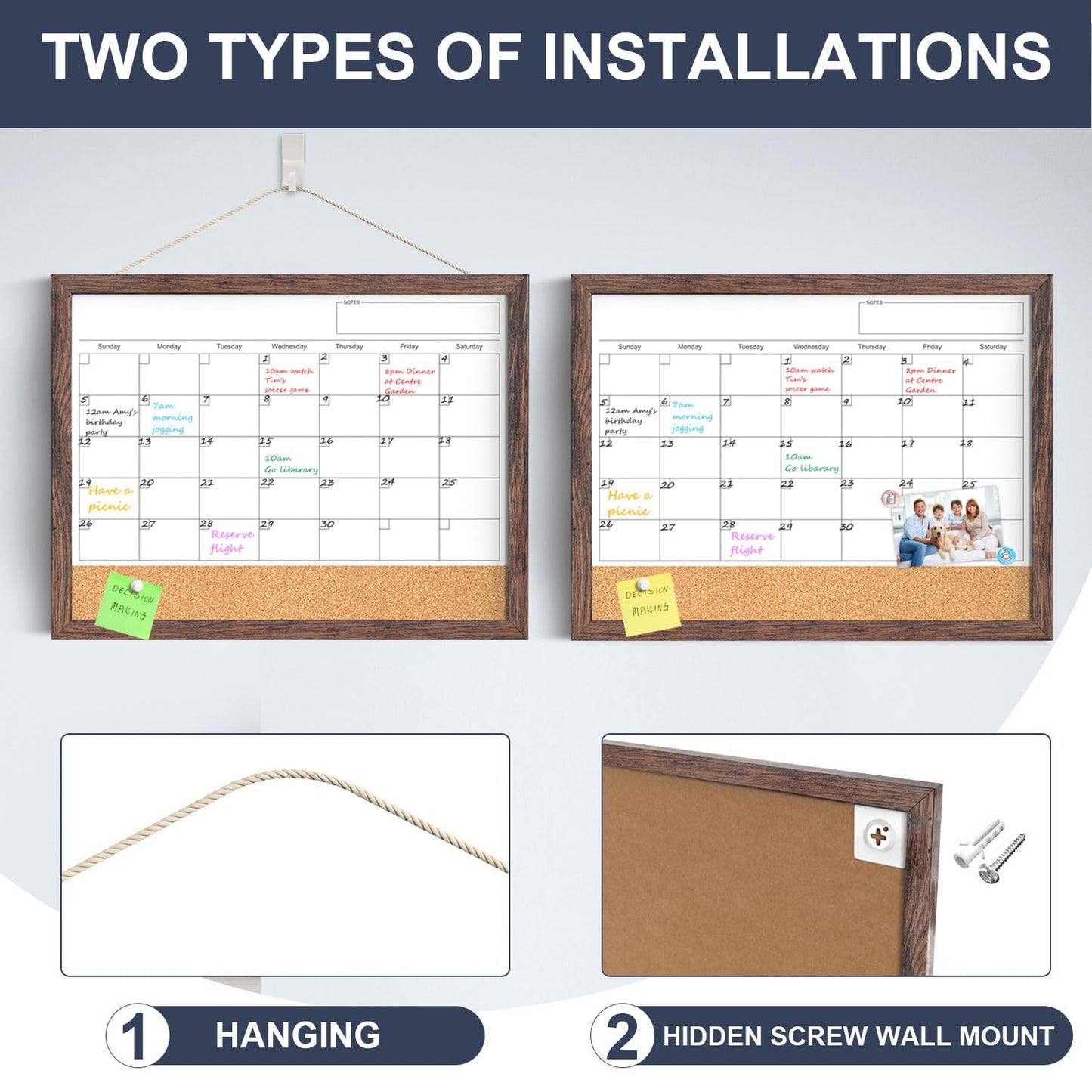 Calendar Whiteboard for Wall, 18x24 Inches White Board Calendar Dry Erase, Magnetic White Board with Wood Frame, Hanging Dry Erase Board for Kitchen Home Office School Planner
