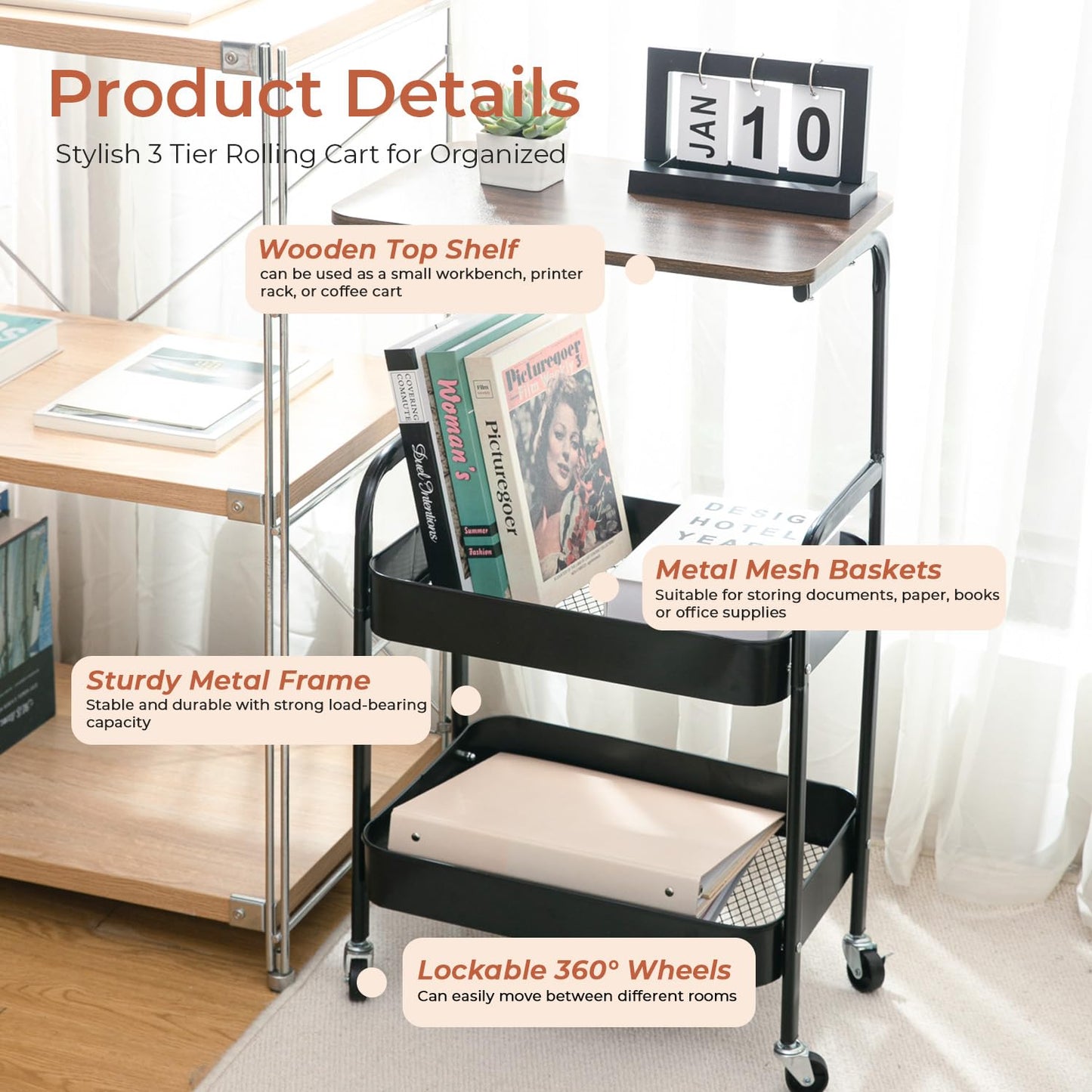 Beramon 3-Tier Metal Rolling Utility Cart with Wooden Tabletop, Mobile Storage Organizer with Lockable Wheels for Kitchen, Bathroom & Home