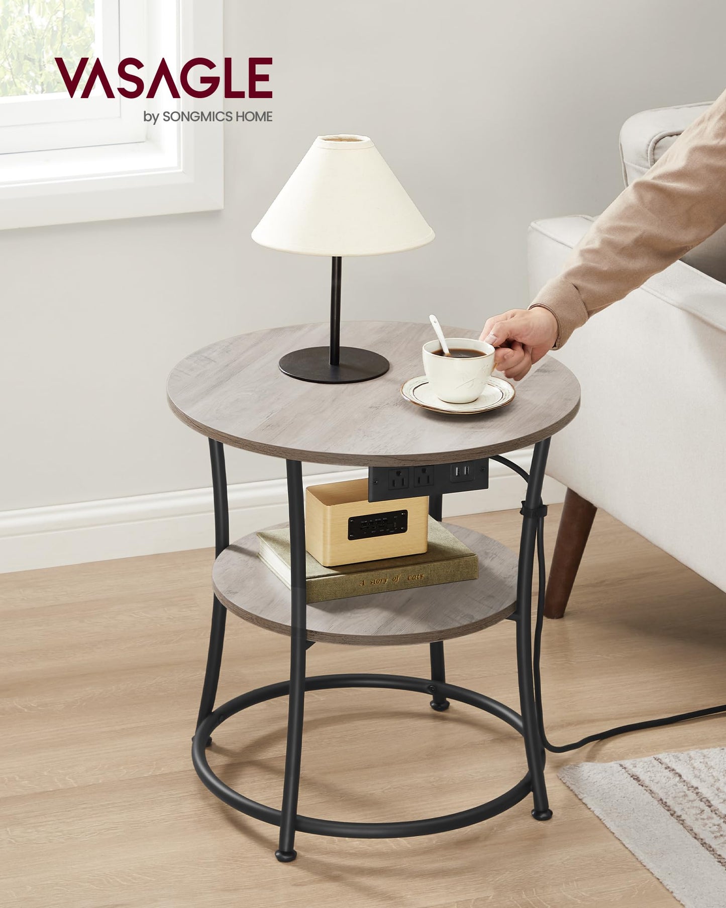 VASAGLE 21.7-Inch Round Side Table, 2-Tier End Table with Power Outlets, Nightstand with Steel Frame, Spacious Top, for Small Spaces, Living Room, Bedroom, Heather Greige and Ink Black ULET077L01
