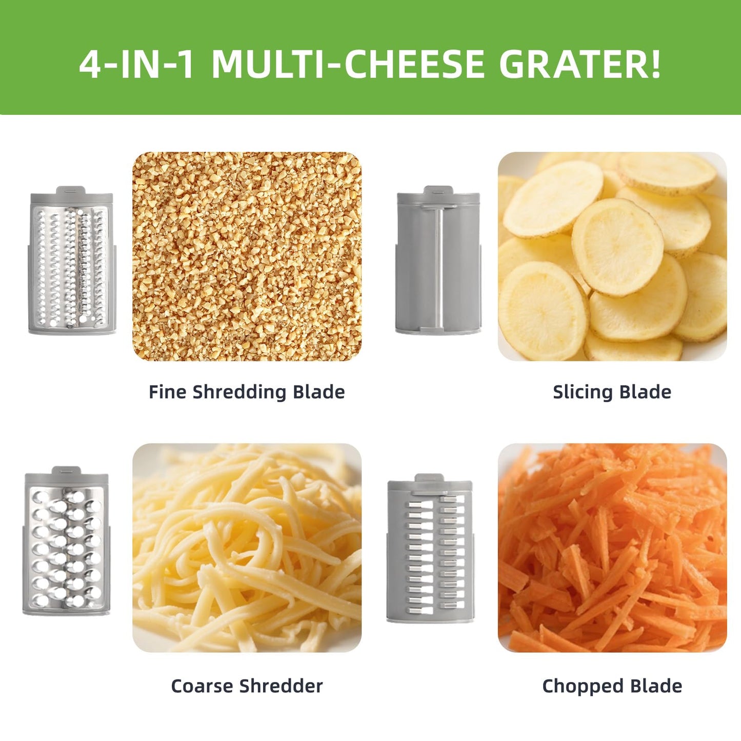Electric Cheese Grater and Vegetable Slicer, 4 in 1 Salad Maker with Stainless Steel Blades, One-Touch Control Multifunctional Rotary Cutter for Potatoes Carrots Cucumbers Fruits Salad etc.