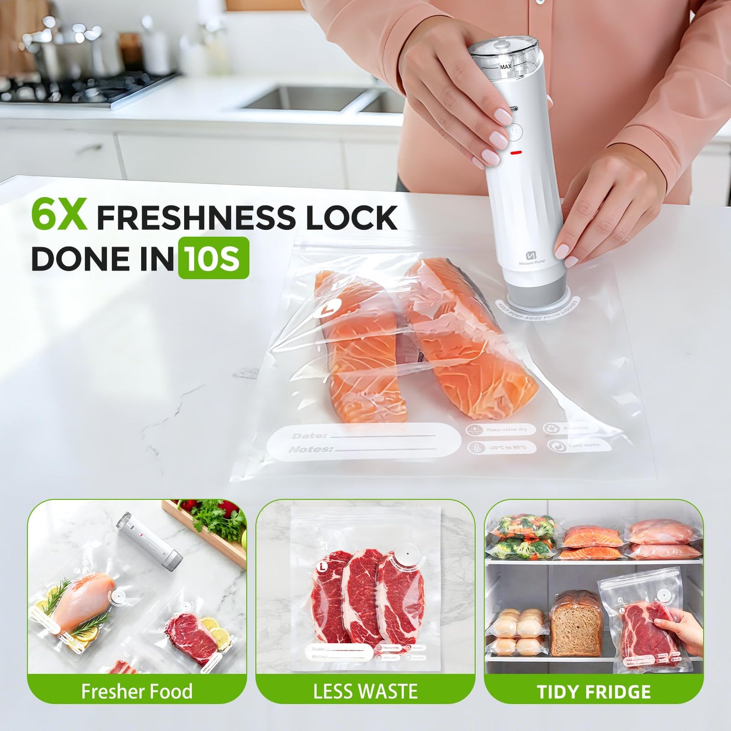 ShinePick Vacuum Sealer for Food, Powerful Handheld Food Saver Machine Compact Vacuum Sealer Machine with Visible Water Tank, 15 Reusable Sealer Bags & 10 Mason Lids, for Kitchen, Travel & Outdoor