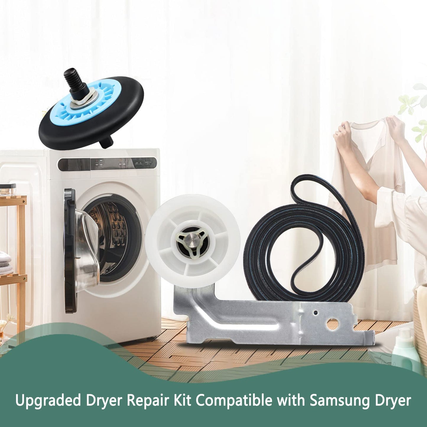 Upgraded Dryer Repair Kit Compatible with Samsung Dryer Roller Replacement Kit, for DC97-16782A Dryer Roller, DC93-00634A Idler Pulley, 6602-001655 Belt (6 Roller White Spacer)