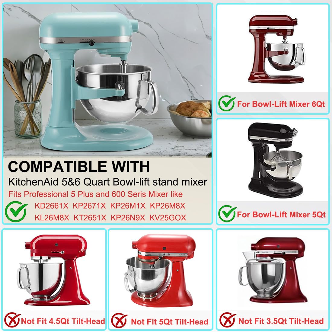Stainless Steel Mixer Bowl & Mixer Bowl Lid Cover, Compatible with KitchenAid Series 5.5-6 QT Lift Stand Mixer, Suitable for KV25, KV25, KP26, KB26, Dishwasher Safe, Ergonomic Handle, Heavy Duty