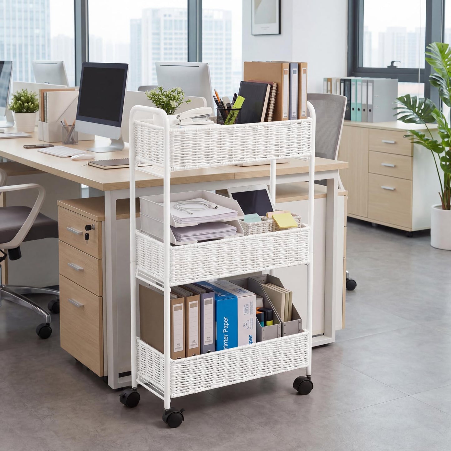 FOCHIER F Utility Slim Storage Cart,3-Tier Rolling Kitchen Office Laundry Room Cart,Mobile Shelving Unit Organizer for Living Room Bathroom Baby Diaper Narrow Places (White, UC-White-7.1inch)
