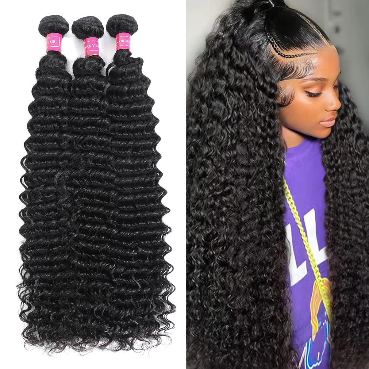 14A Deep Wave Bundles Human Hair 22 24 26 Inch, Full and Silky 100% Unprocessed Brazilian Virgin Human Hair Extensions Natural Black (Deep Wave Bundles, 22 24 26)