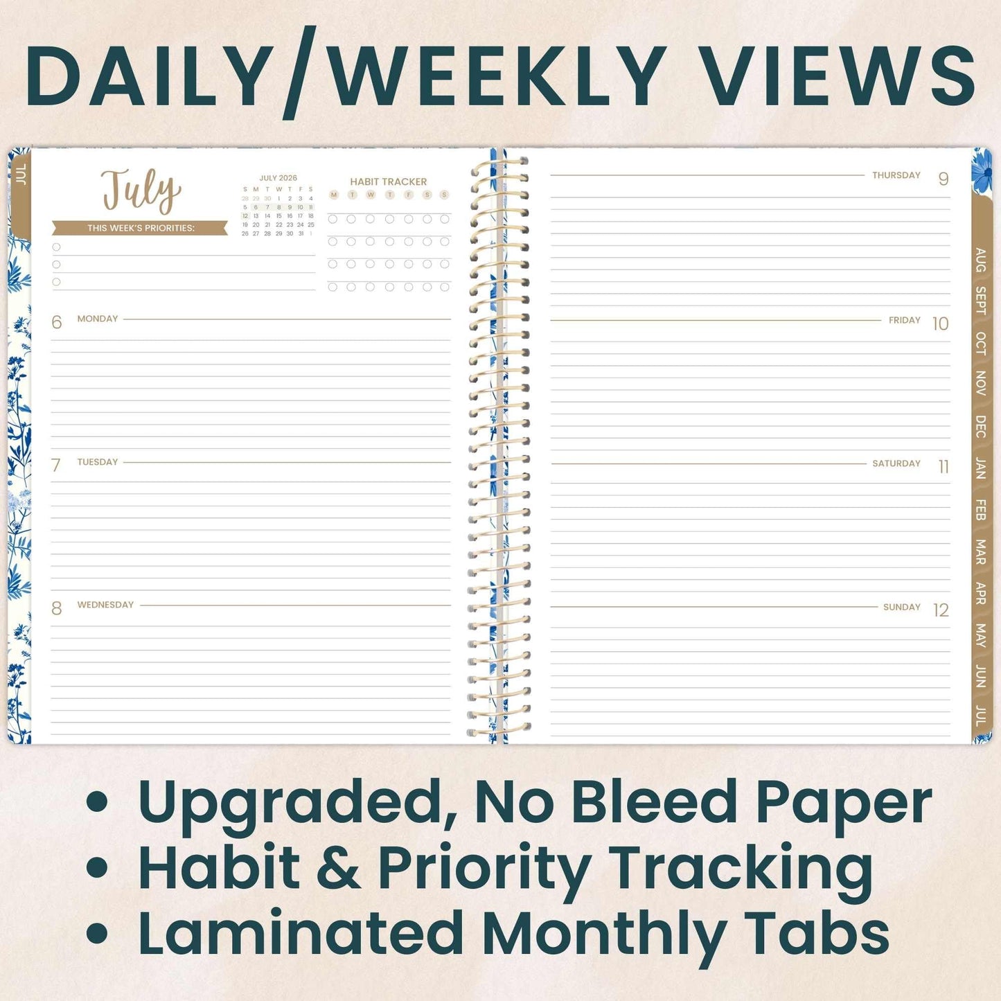 bloom daily planners 2026-2027 Planner (8.5” x 11") 13 Month Academic Organizer (July 2026 - July 2027) - Weekly & Monthly Agenda Book with Stickers & Tabs - Blue & White Floral
