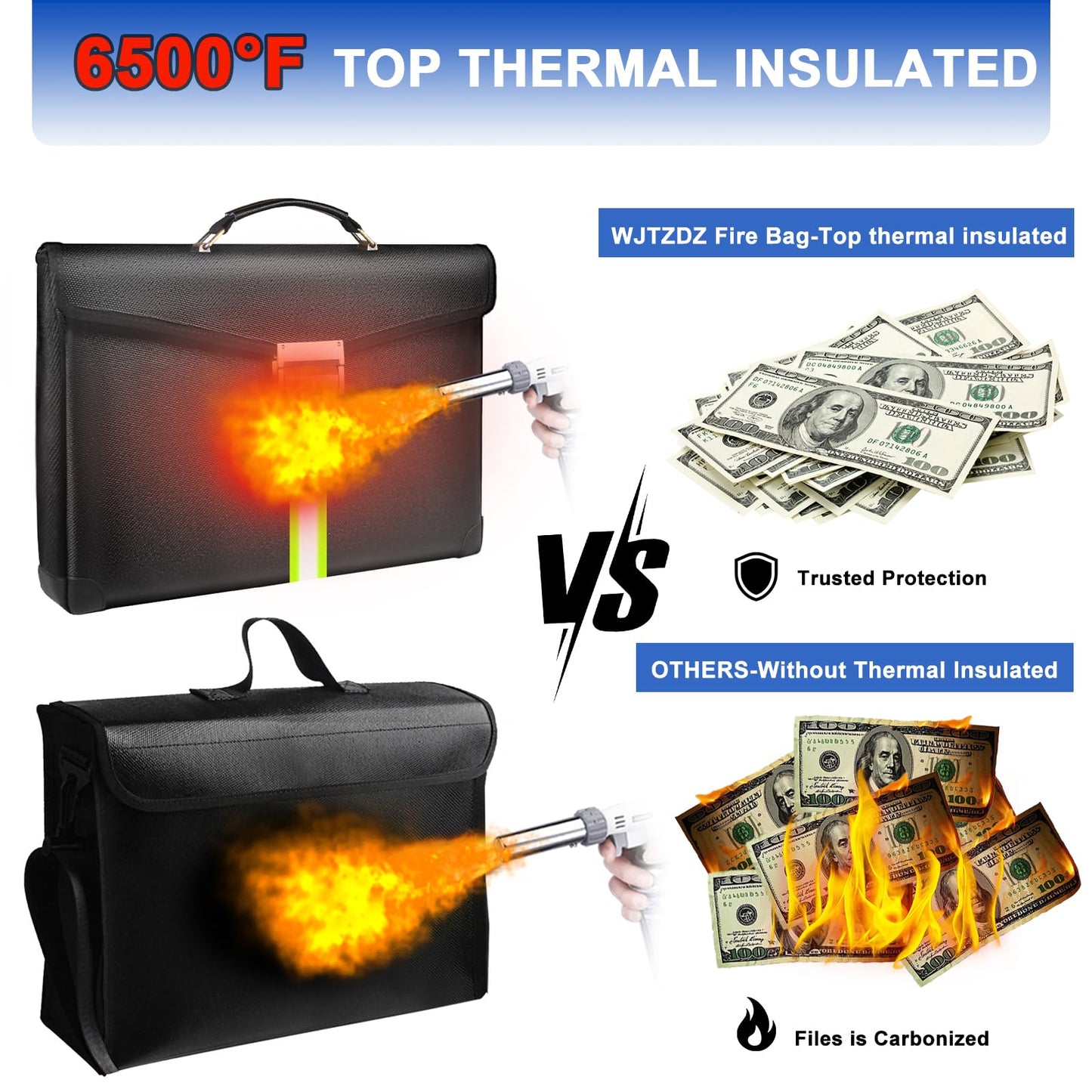 6500°F Fireproof Document Bag with Lock,Upgraded Fireproof/Waterproof Money Bag with Zipper/Reflective Strip,Storage Pouch for A4 Letter Size Document,Cash,Cell Phone,Passport