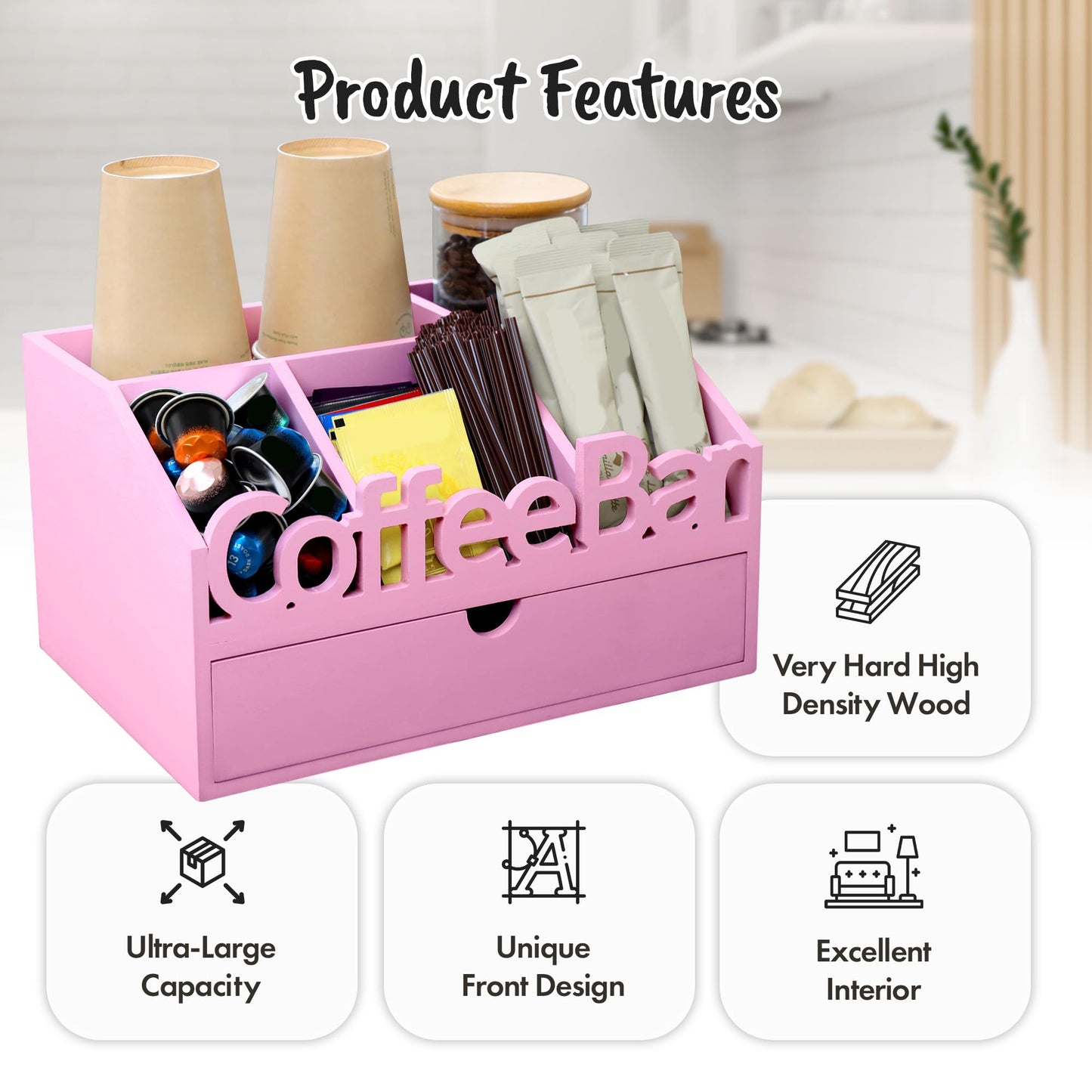 ADDFIT HOUSE Coffee Bar Organizer for Countertop – Wooden Coffee Station, Tea and K Cup, Condiment Storage Rack, Coffee Pod Holder for Home and Office Counter Organization (Drawer - Pink)
