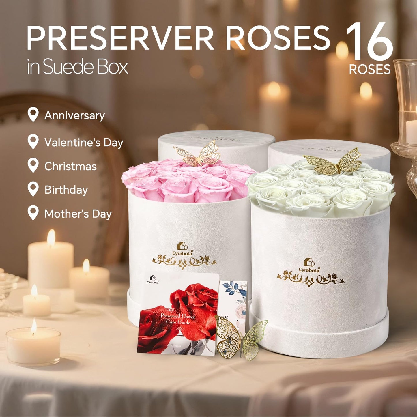 Cyrabota 16 Pink Preserved Flowers in Round Gift Box, Forever Flowers Eternal Roses for Mother's Day, Birthday, Anniversary, Valentine's Day Gifts for Women Light Pink
