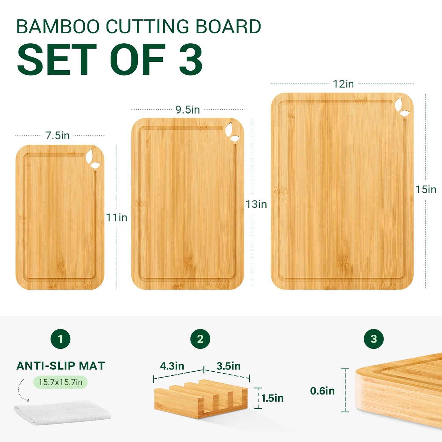 Toolola Bamboo Cutting Boards for Kitchen with Holder & Silicone Mat, Lightweight & Knife-Friendly Wood Cutting Board Set with Side Handles and Juice Grooves, Natural