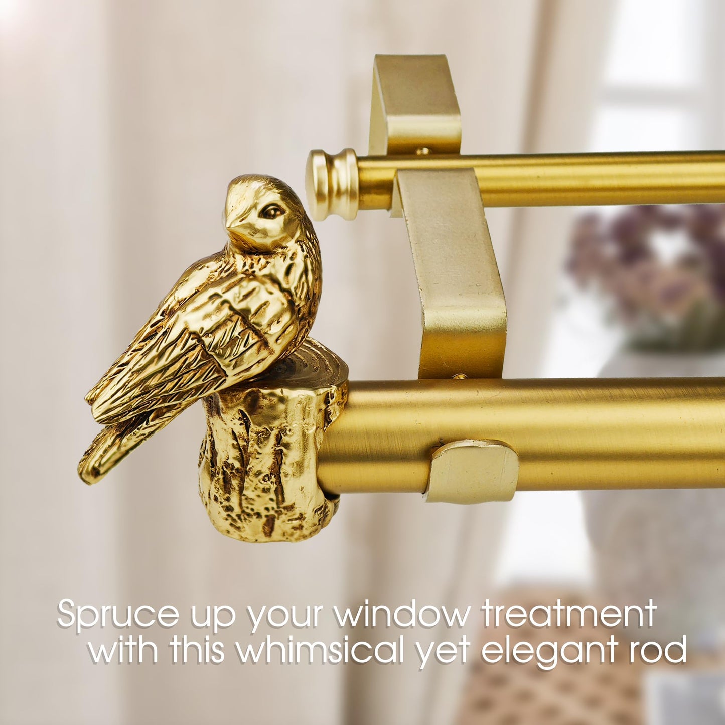 ILAISIHOME 1-1/8 Inch Diameter Brushed Gold Curtain Rod with Bird Design Finials, 72-144'' Telescoping Double Curtain Rods for window width 68-140 inch, Decorative Drapery Rods for Bedroom,Living Room