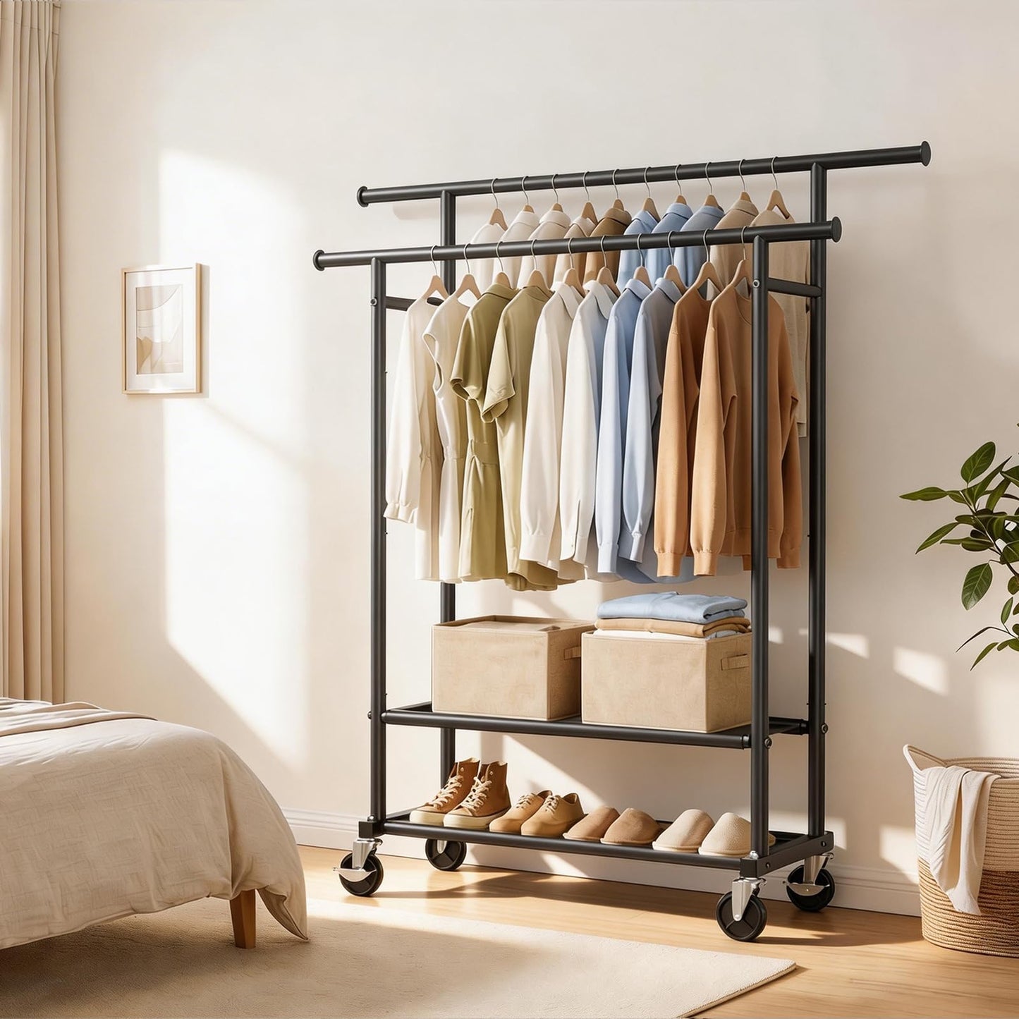 WATIOWL Clothes Rack, Double Rods Rolling Clothing Rack for Hanging Clothes Closet Rack with Wheels, Metal Portable Garment Rack with Double Shelves for Bedroom Laundry Living Room, Black