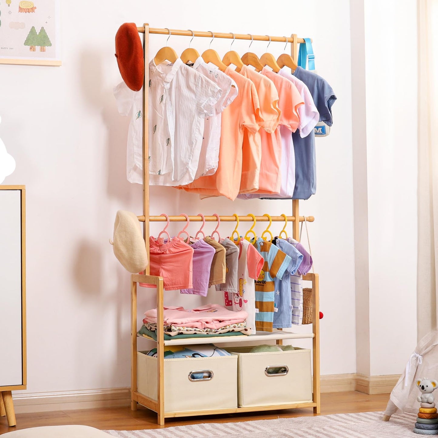 Vilaxing Kids Clothing Rack Bamboo with 2 Storage Baskets and 2 Adjustable Hanging Rods,Child Garment Holder with Shelf, Dress up Racks for Playroom,Toddlers Bedroom (Natural)