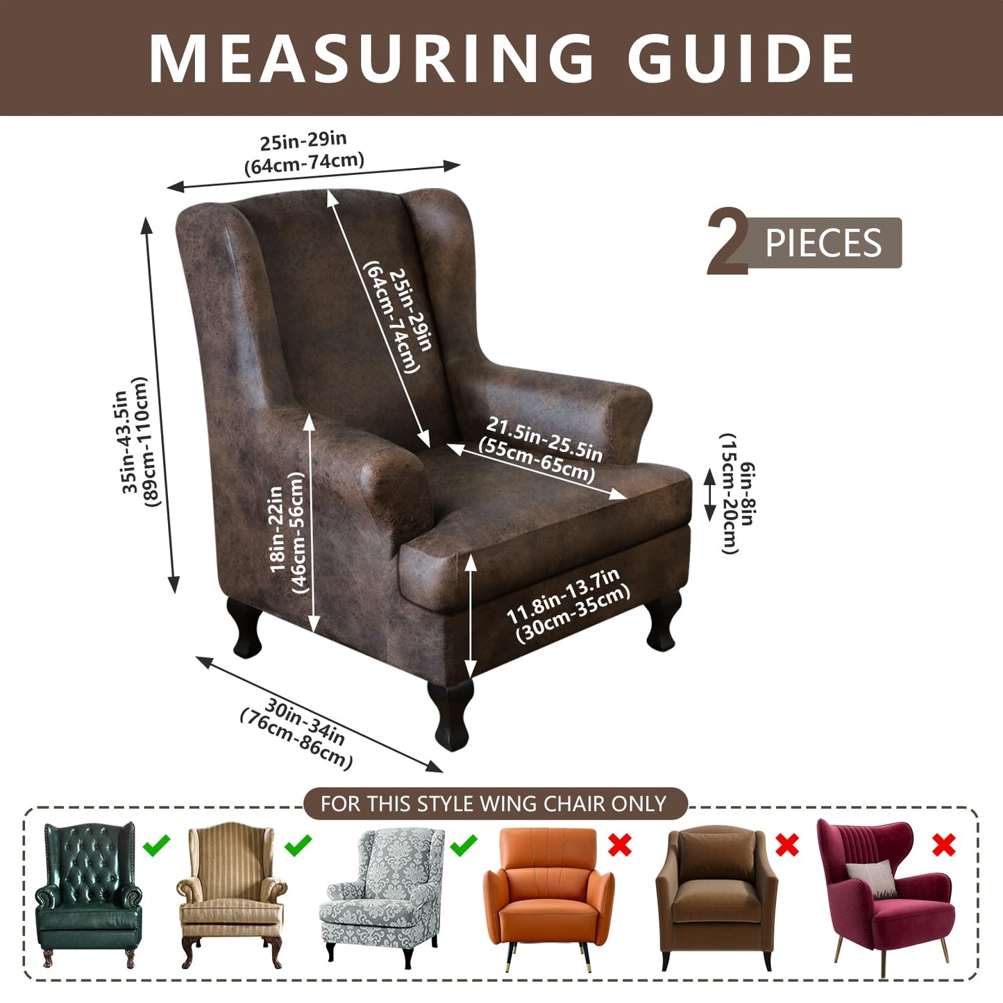 ANARACHON Leather Look Wingback Chair Covers, 2-Piece Wing Chair slipcover,Stretch Wing Back Armchair Slipcovers with Elastic Bottom, Soft Spandex FurnitureProtector for Living Room (Brown #2)