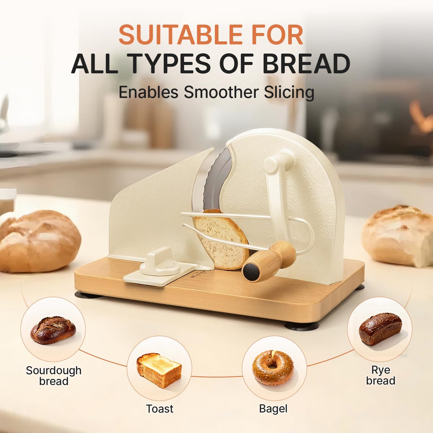 Upgraded Manual Bread Slicer for Homemade Sourdough Bread Adjustable Thickness Bread Cutter with Metal Guide,Hand Crank Bread Slicer with Scale Line&Suction Base,for Perfect Even Slices