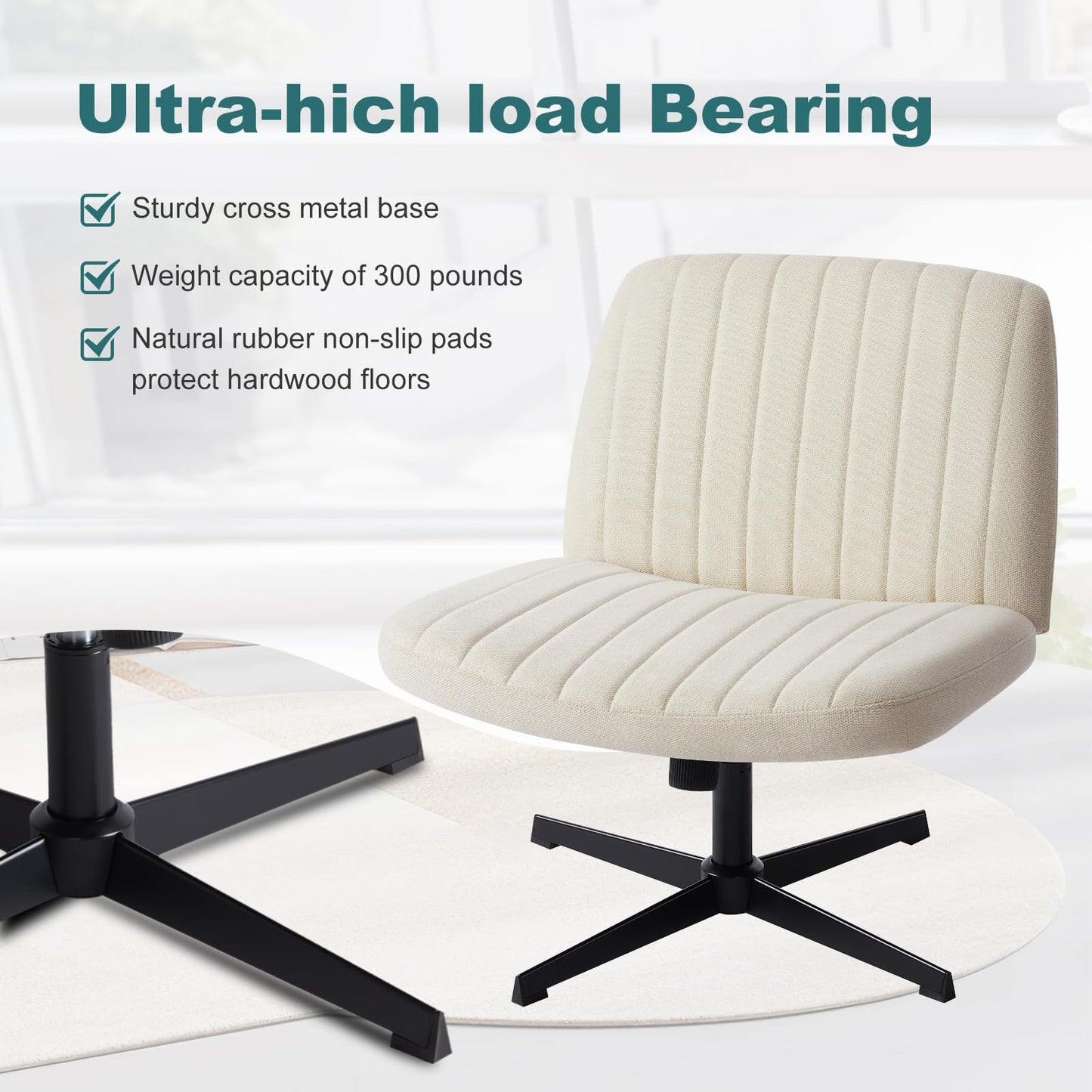 OLIXIS Criss Cross Legged Chairs Armless No Wheels Wide Seat Height Adjustable Swivel Padded Fabric Home Office Desk Chair for Bedroom, Student, Study Room,Beige