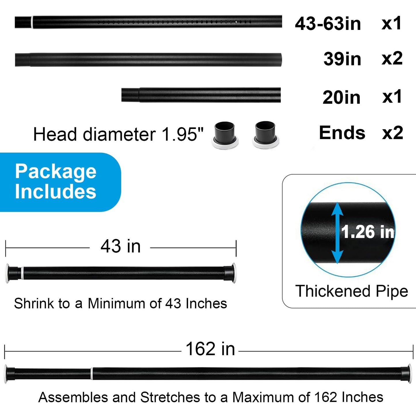 Ginbel Direct Tension Curtain Rod 43 to 162 Inches (3.6 to 13.5 ft), 1.26" Diameter Spring Adjustable Heavy Duty Long Large Curtains Pole for Windows Door Bathroom Patio Outdoor No Drilling, Black