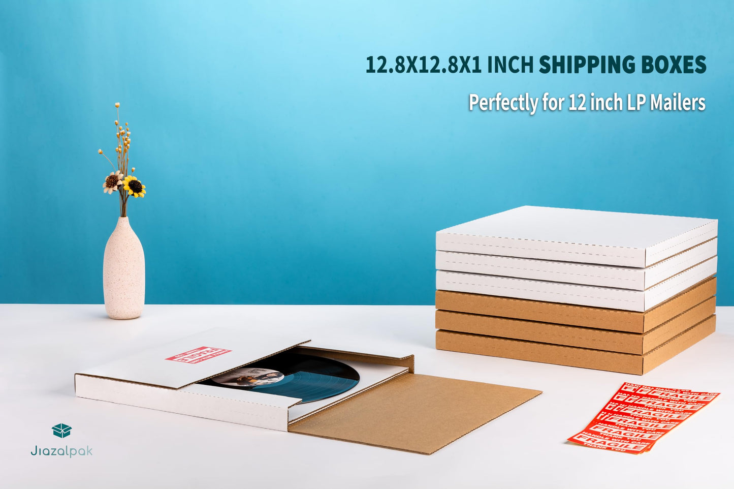 Jiazalpak White Vinyl Record Mailers 12.8x12.8x1-inch Easy-Fold Multi-Depth LP Albums Shipping Boxes with Fragile Stickers, 15 Pack