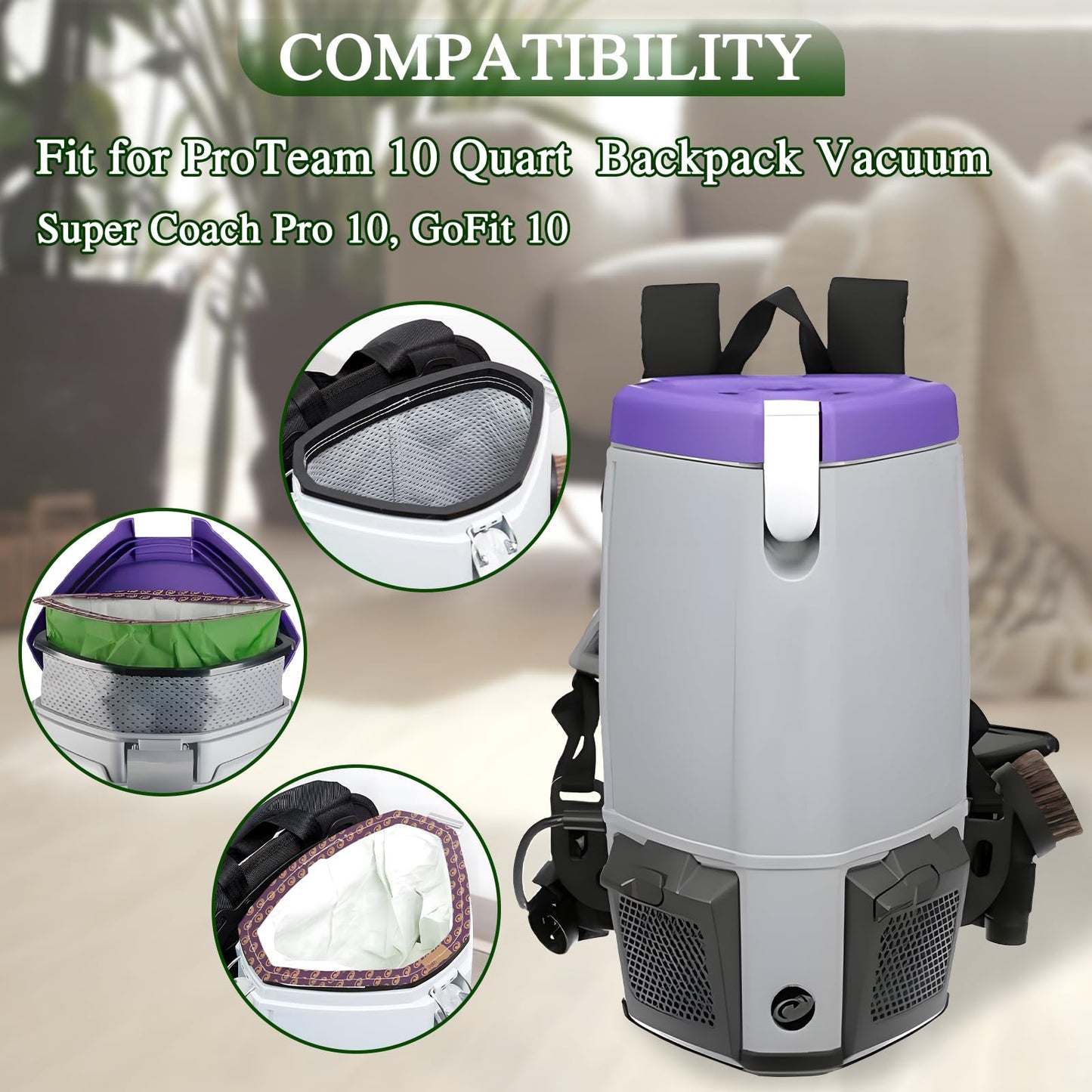 DTESL 30 Pack 107313 Vacuum Bags Replacement for ProTeam 10 Quart Backpack Vacuum Cleaner: Models Coach Pro 10, GoFit 10，#107313 Open Triangular Collar (30 Pack)