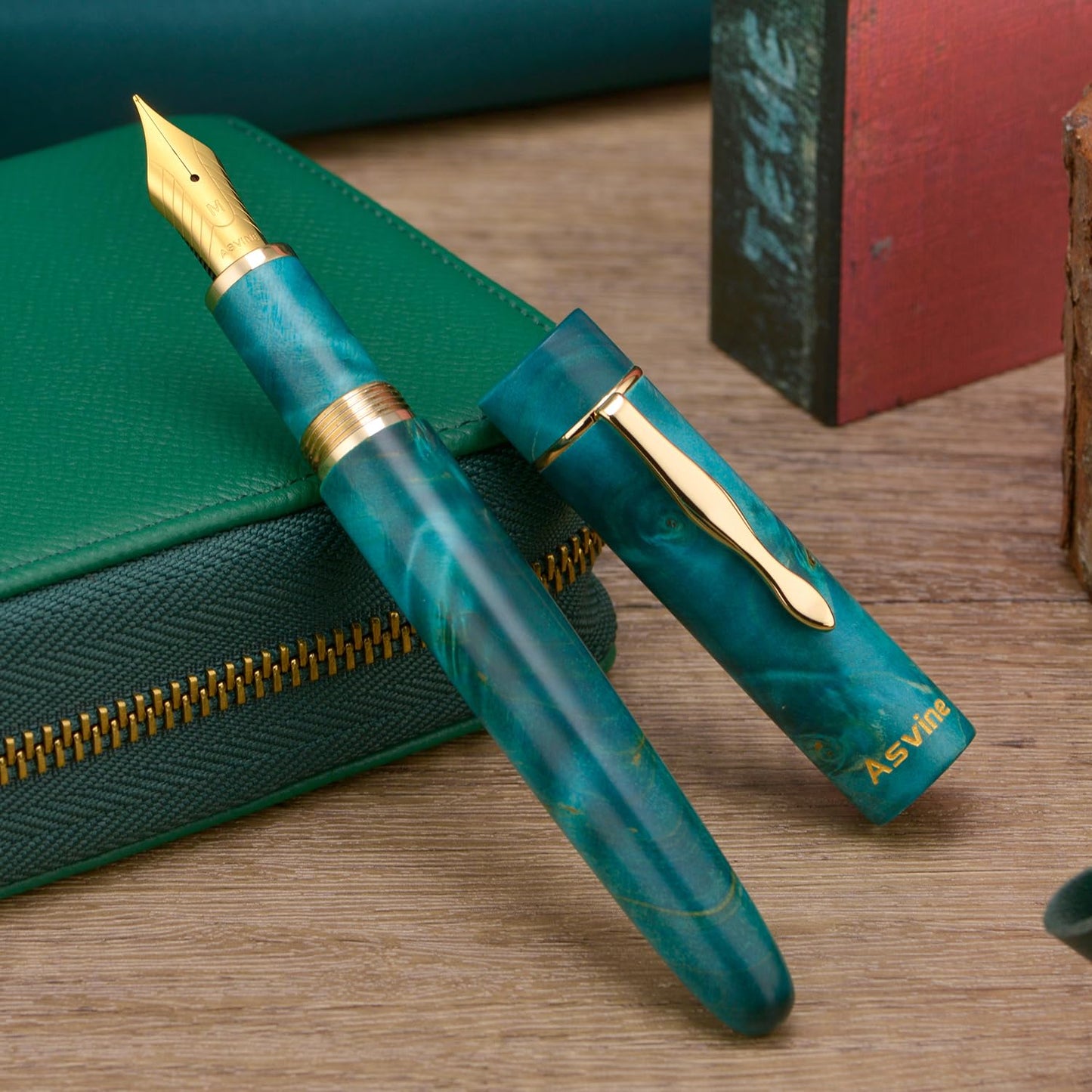 Asvine Stabilized Wood Fountain Pen C2000 Number 8 Stub Nib 1.1mm Calligraphy Art Drawing Unique Pattern Pen with Converter Pen Box Collection Set- Oasis