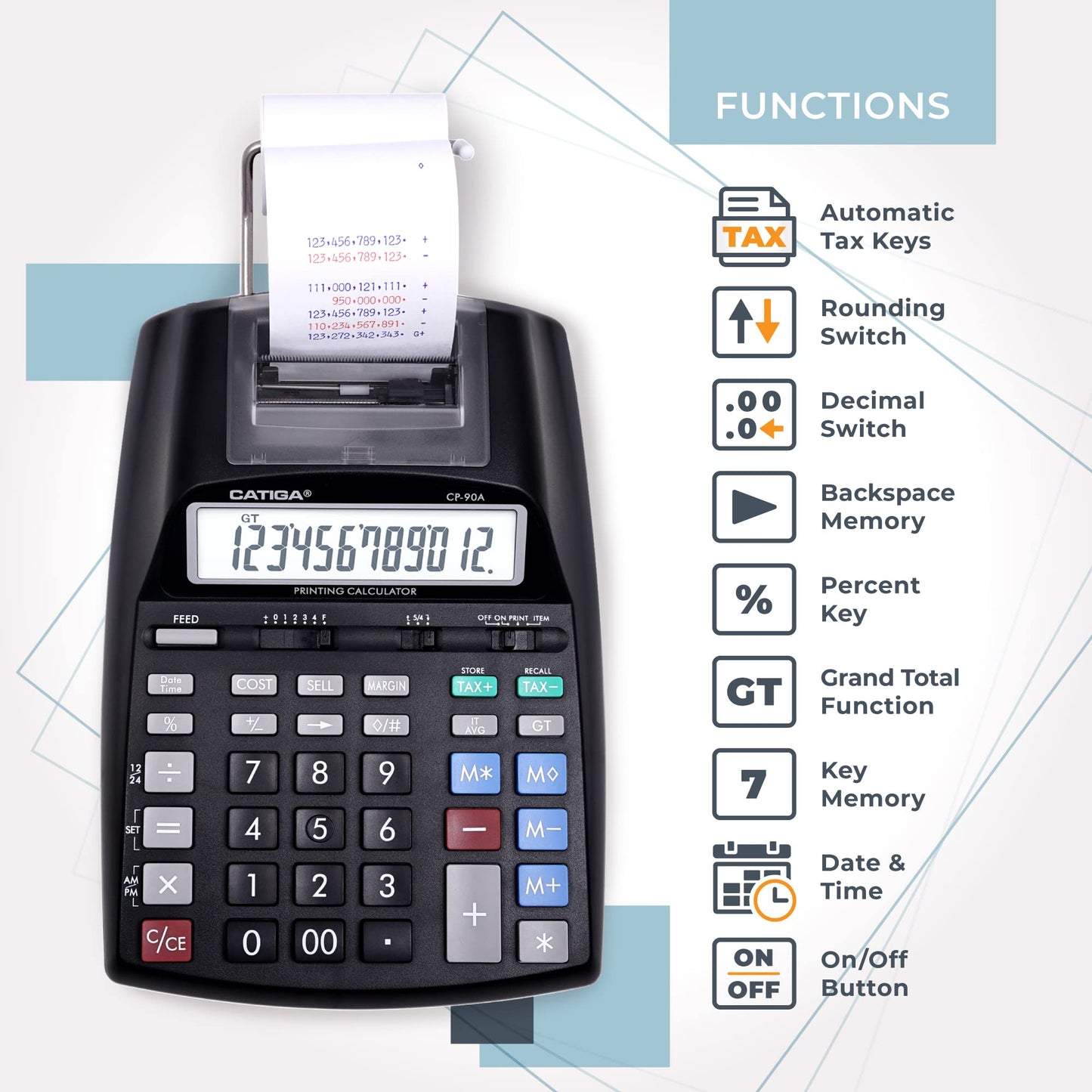 CATIGA Printing Calculator with Tape Print Out - 10 Key Adding Machine with Paper Roll, Desktop Electric Calculator for Accounting, Business, Finance, Home Office Use CP90A