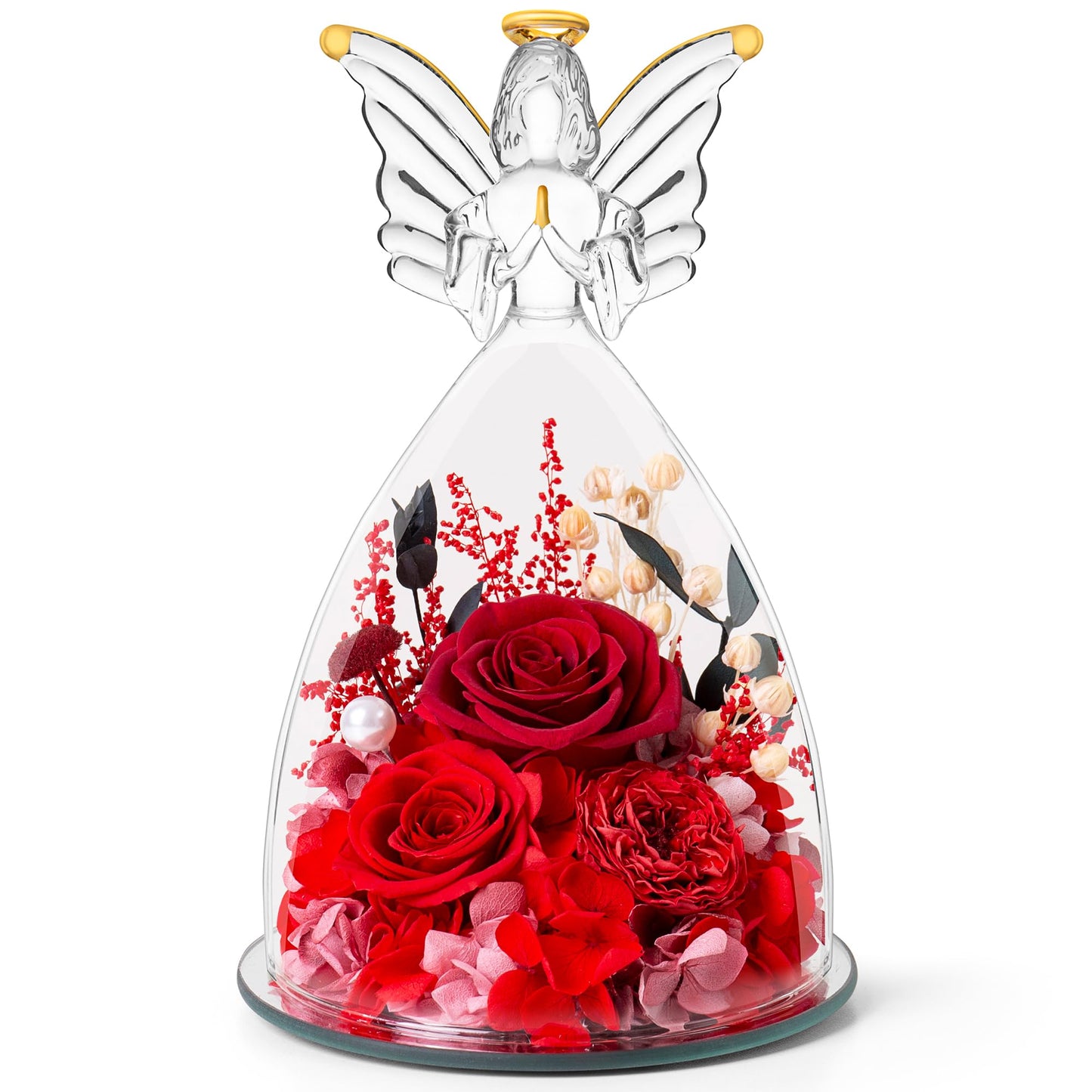 Mothers Day Roses Gifts for Mom Forever Preserved Real Roses Flowers in Glass Angel Figurines Fresh Flowers for Delivery for Grandma Women Mom Wife from Daughter/Red