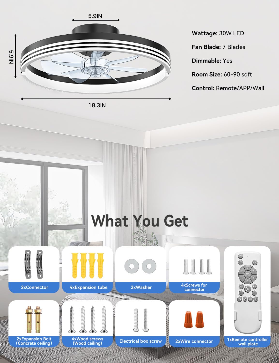 AKOFUN Modern Bladeless Ceiling Fans with Lights, Small Fandelier Bedroom Ceiling Fan - Low Profile LED Fan Light with Remote APP, Flush Mount, Dimmable, DC Motor, 6 Speeds, Timer (18 inch, Black)