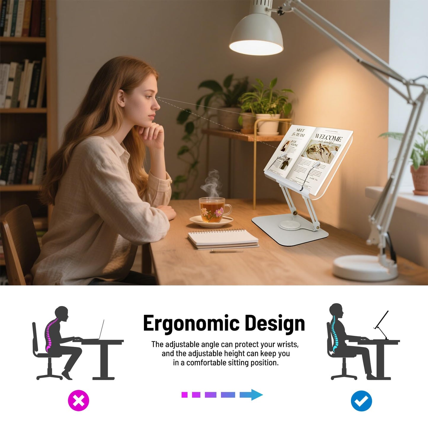 Acrylic Book Stand for Reading Hands Free - Adjustable 360° Rotating Cookbook Holder with Elastic Page Clips & Foldable Base, Multi-Angle Desktop Display Stand for Recipes, Textbooks, Tablets, Bibles