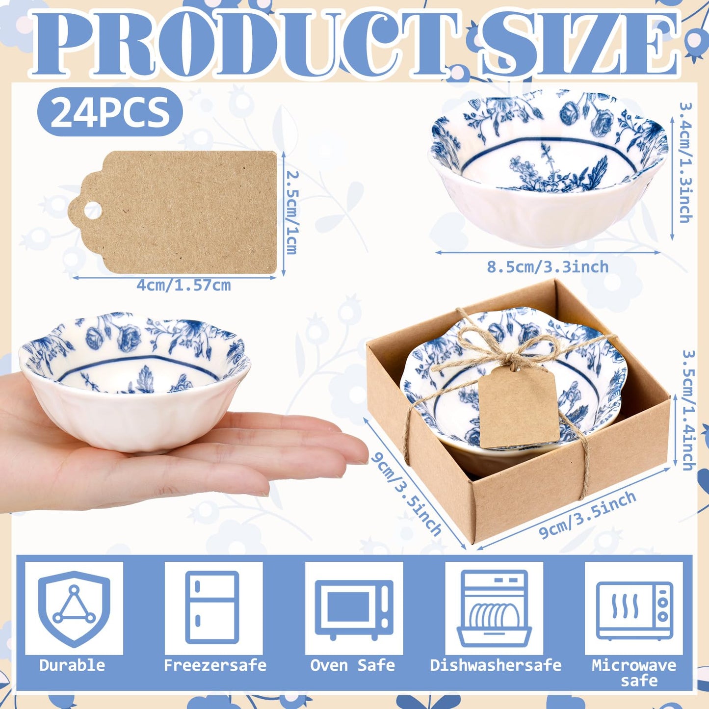 SiliFine 24 Pcs Wedding Favors for Guests Small Ceramic Bowl Bulk Gifts Set 3.3 Inch Floral Design Mini Dipping Sauce Dish with Card Box for Bridal Pooja Baby Shower Birthday (Flower,Blue)