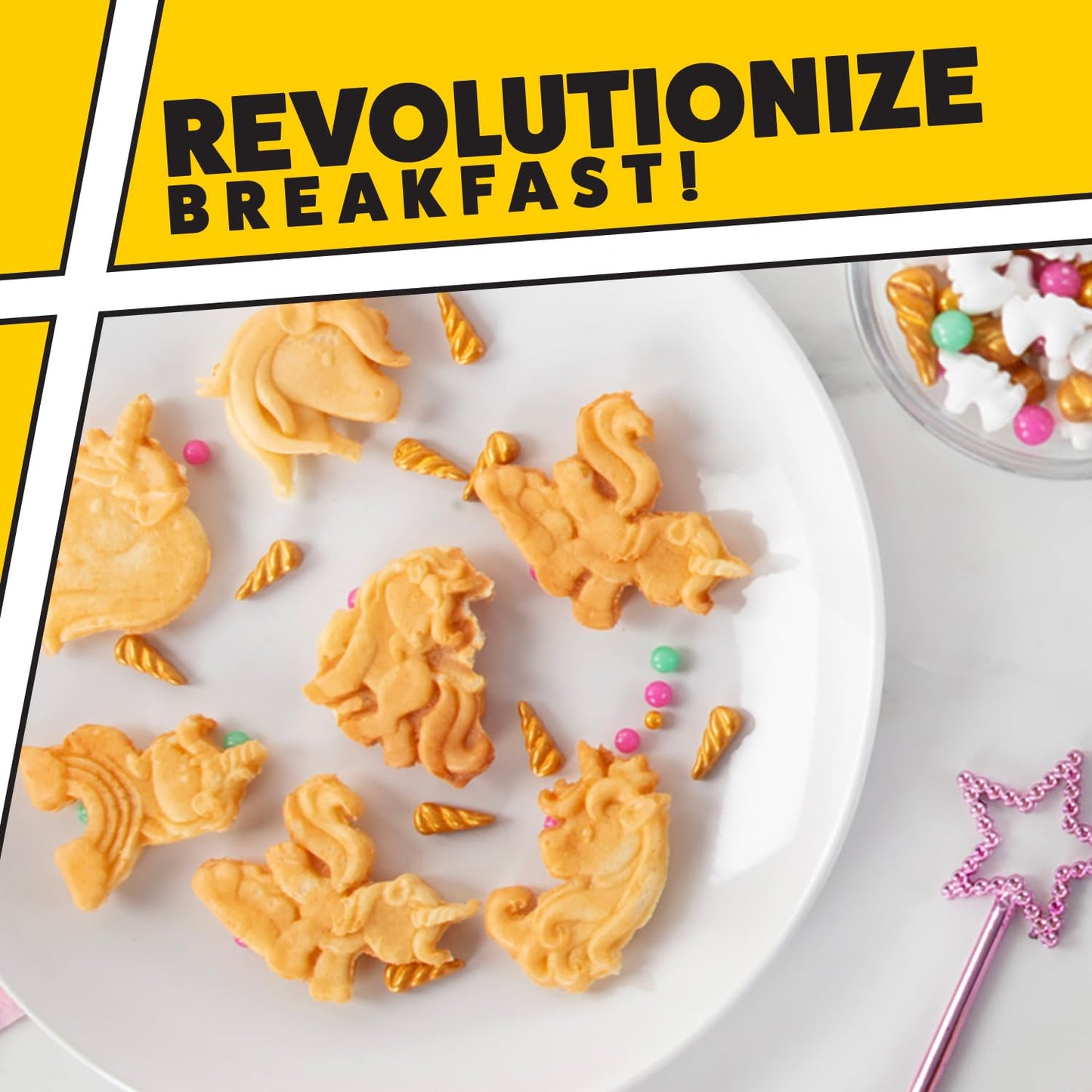 Unicorn Mini Waffle Maker- Creates 7 Different 3D Animal Shaped Waffles in Minutes- A Fun Cool Magical Breakfast for Kids, Girls & Adults- Electric Non-Stick Waffler Iron, Pancake Baker w Recipe Guide