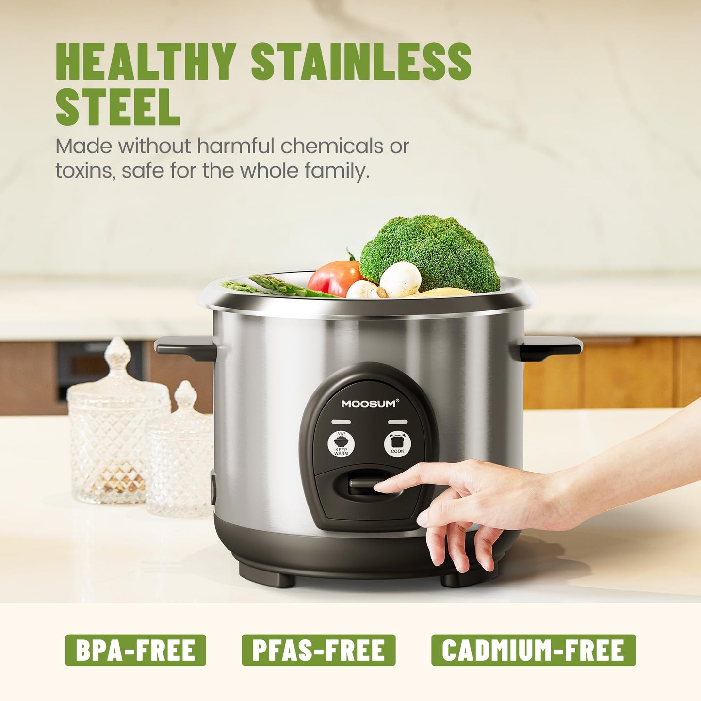 MOOSUM 3-Cup Uncooked Rice Cooker Small, Stainless Steel Non-Toxic Inner Pot, One-Touch Multifunction for Rice/Sauté/Yogurt, Dishwasher Safe, 1-3 People Size, Silver