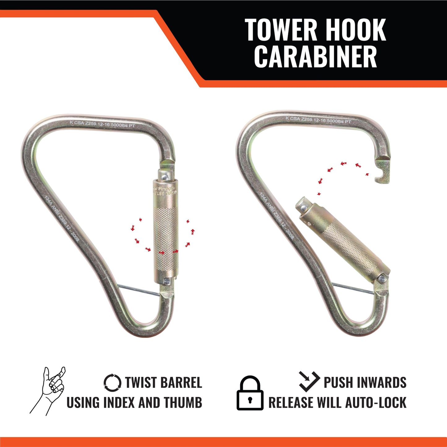 Malta Dynamics Fall Protection Carabiner Clip, High Strength Professional Grade, OSHA/ANSI Compliant (Large Tower Hook, 1 Pack)