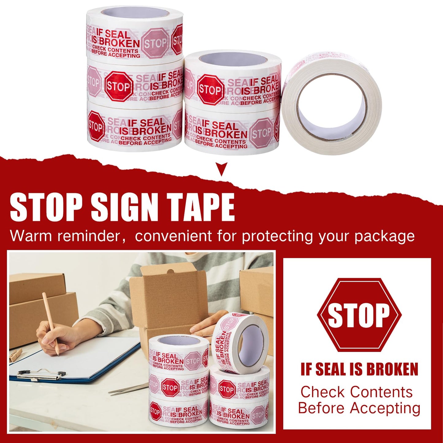 Nezyo 10 Rolls 2 Inch Security Tamper Proof Tape Stop Sign Sealing Tape Pre Printed If Seal is Broken Check Contents Before Accepting for Moving Heavy Duty Packing, 110 Yards x 2 Mil (White)